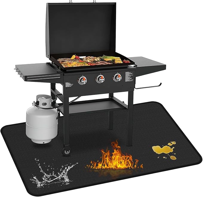Fireproof Grill Mat for Blackstone, Outdoor Under Grill Mats for Deck Protector, 48 x 30 inch Heat Resistance BBQ Pad, Protects Floors Decks Patios from Sparks Embers Hot Oil, Gloss Black