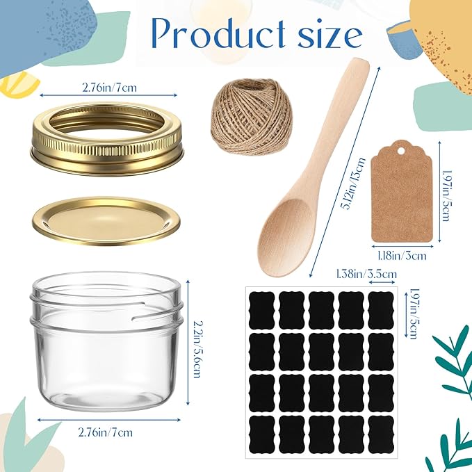 Baderke 20 Set Mini Mason Jars with Wood Spoon 4 oz Mini Jam Jars with Lids and Labels, Small Glass Canning for Jelly Spice Herbs Honey Storage Bridal Shower Wedding Favors DIY Candles (Gold)