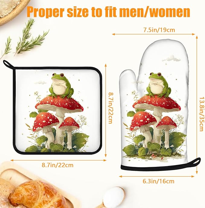 Frog Mushroom Oven Mitts and Pot Holders Sets 4Pcs Silicone Non-Slip Mitts Heat Resistant Gloves Hot Pads for Kitchen Cooking Baking Grilling BBQ