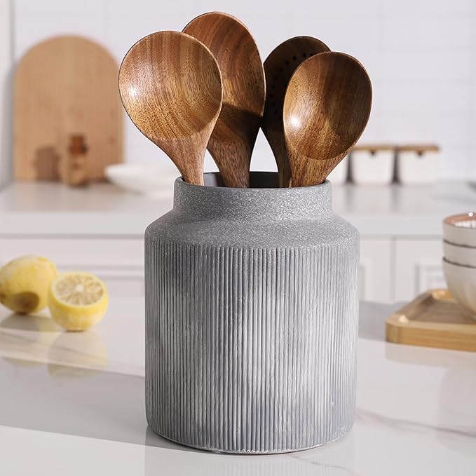 Farmhouse Ceramic Farmhouse Kitchen Utensil Holder for Countertop, Rustic Cooking Utensil Holder Crock Fit for Kitchen Counter.Grey 6.1 x 6.1 x 7 IN
