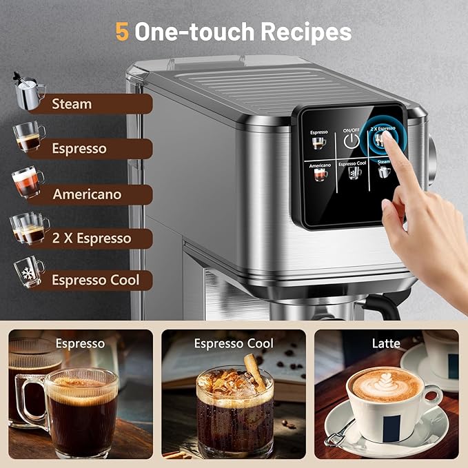 RELEXNOW Espresso Machine, 20 Bar Professional Espresso Coffee Maker with Milk Frother Steam Wand, Hot & Iced Coffee Machine, Compact Stainless Steel Coffee Machine for Cappuccino,Latte,Cold Brew
