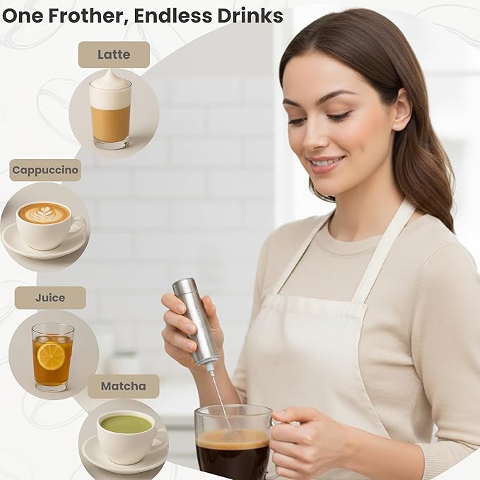 Milk Frother Handheld, Battery Operated Travel Coffee Frother Milk Foamer Drink Mixer with 2 Stainless Steel Whisks for Hot Chocolate, Batteries Included, Silver