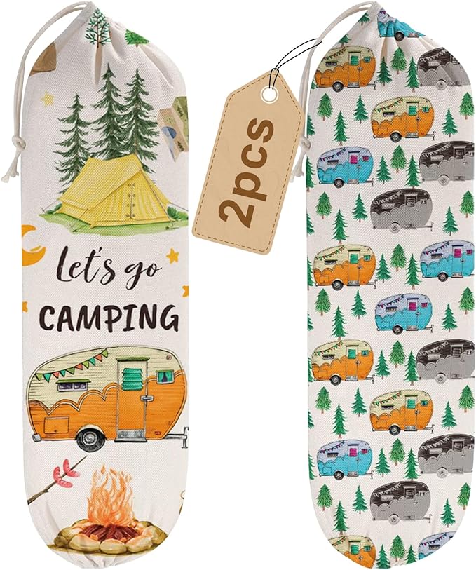 2Pcs Camping RV Essentials Plastic Bag Holder, Reusable Hanging Grocery Bags Holder for Camper RV Accessories, Portable Trash Bags Organizer for Camper Must Haves, Picnics, Beach, Hiking