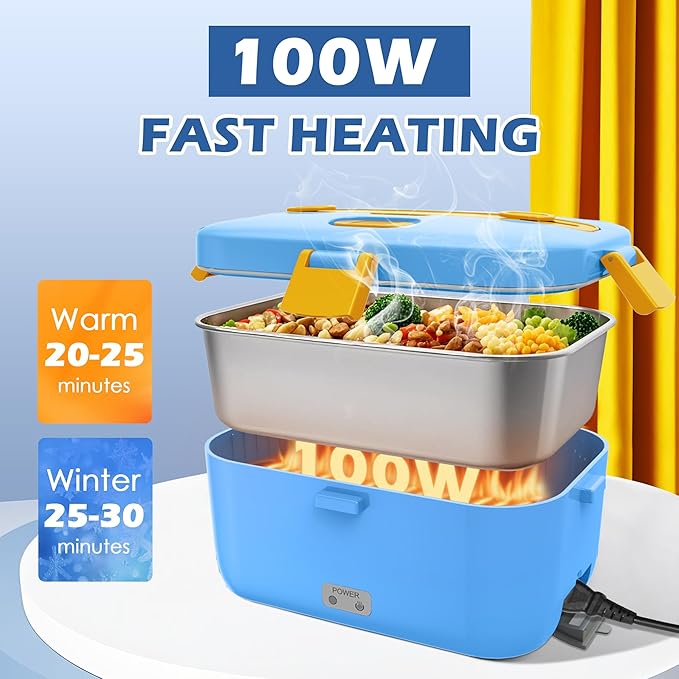 COZYEXPERT 100W Heated Lunch Boxes for Adults 12V 24V 110V-230V Electric Lunch Box Food Heater for Car/Truck Portable Food Heating Boxes with 1.8L 304 SS Containe