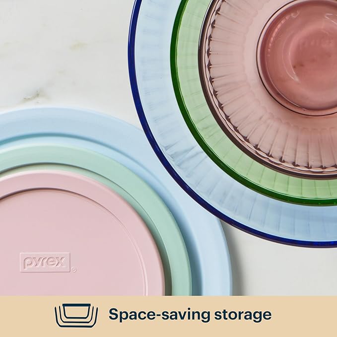 Pyrex Colors (3-Pack, Full Set) Sculpted Tinted Glass Mixing Bowls With Plastic Lids, Nesting Space Saving Set of Bowls For Prepping and Baking, 1.3QT, 2.3QT & 4.5Q, (Pink, Green, Blue)