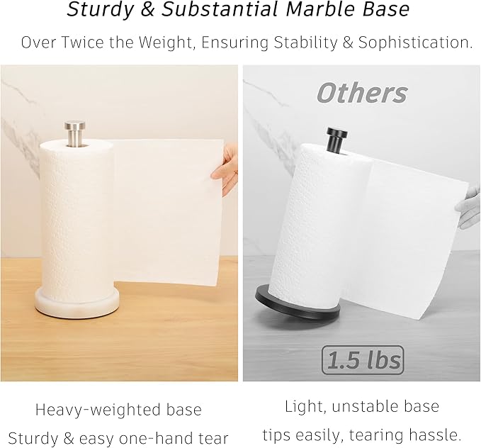 Paper Towel Holder Countertop, Heavy Weighted Marble Base Paper Towels Holder for Kitchen Counter, Modern Standing Papertowel Roll Holders(Brushed Nickel Stainless Steel Bar, White Natural Marble)