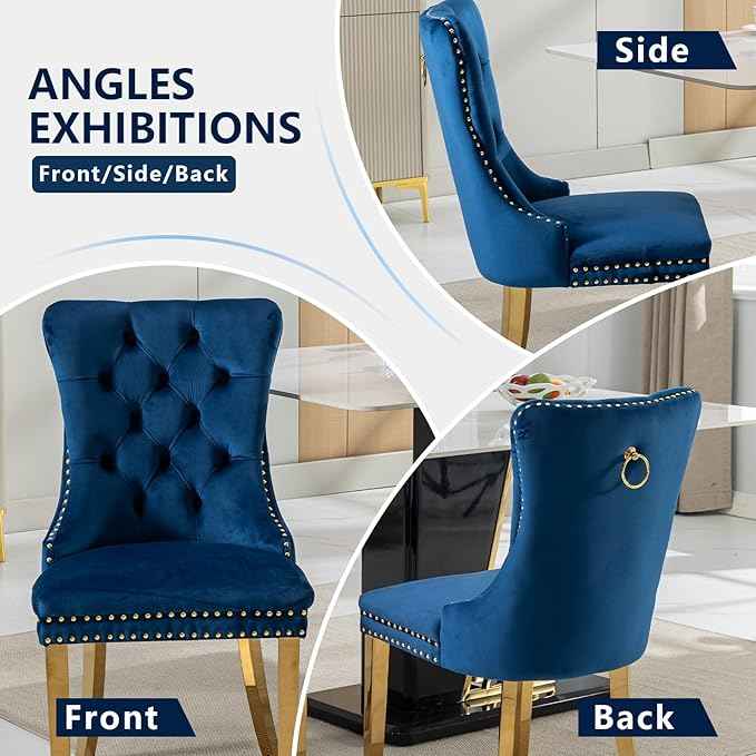 Blue Velvet Dining Chairs Set of 2, Kitchen Chairs Set of 2, Tufted Upholstered Dining Room Chair, Back Ring Pull Trim, Golden Stainless Steel Legs, Blue
