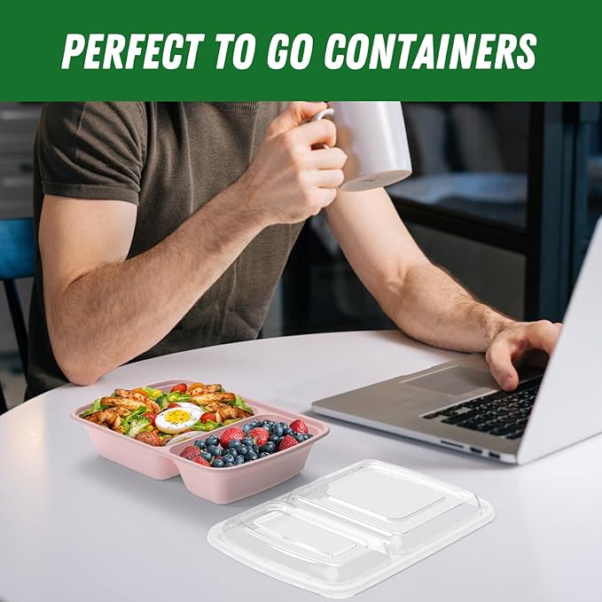Dealusy 50 Pack (100-Piece) 28 oz Meal Prep Containers Reusable with Lids 2-Compartment, Sturdy Leakproof Food Safe, Microwave Freezer Dishwasher Safe, To Go Take Out Plastic Food Storage, Pink