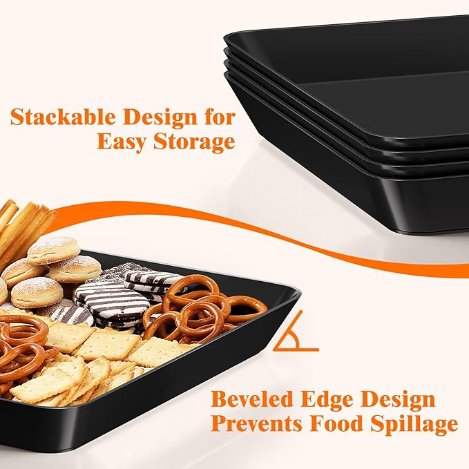 SpaceTrove 8-Pack Serving Tray Set, Reusable Plastic Serving Platter for Party Supplies, Entertaining, Grilling Accessories, Stackable Kitchen Snack Container for Dessert, Fruit, Cookie, (Black)