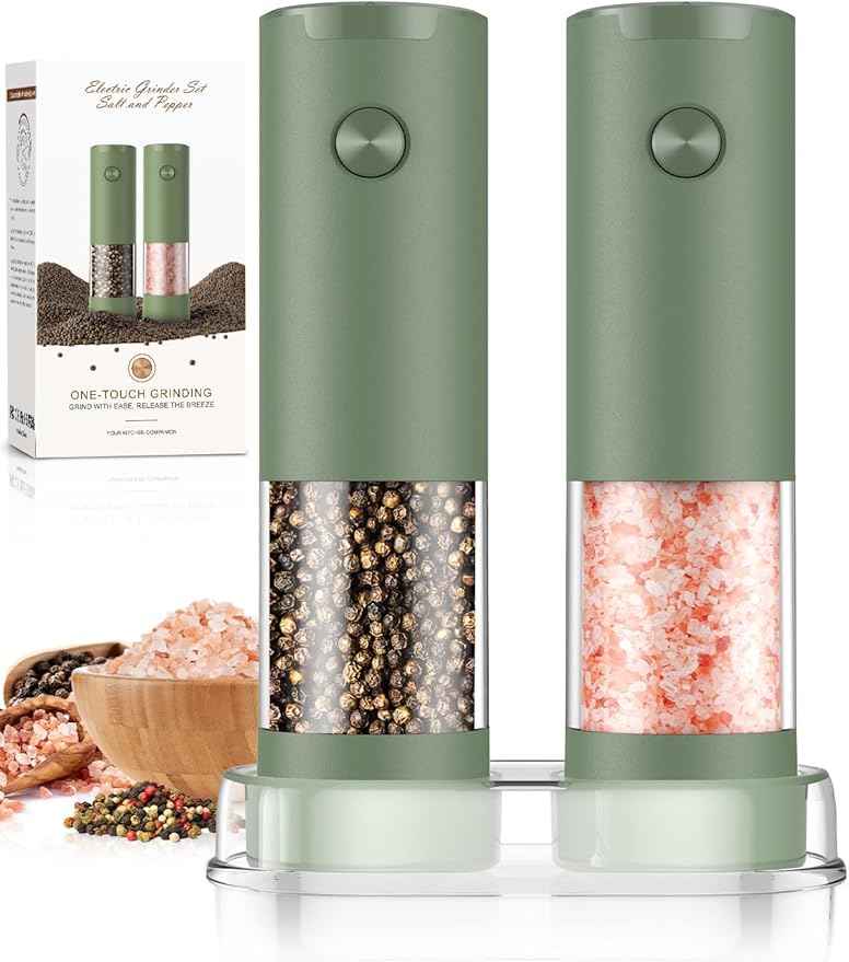 Salt and Pepper Grinder Set Mom Gifts, Electric Automatic Green Salt Pepper Shakers Home Kitchen Gadgets for New Home, Adjustable Coarseness Pepper Grinder Kitchen Appliances