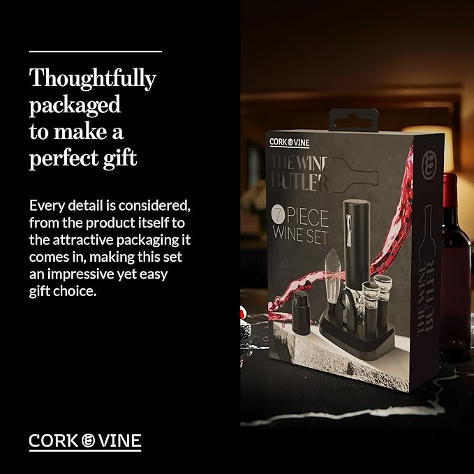 Cork & Vine Rechargeable 7-Piece Wine Set | Electric Wine Opener, Charging Base | Smart Wine Stopper, Wine Aerator, Wine Foil Cutter, Rechargeable Corkscrew, 2 Wine Stoppers Vacuum | Kitchen Gadgets