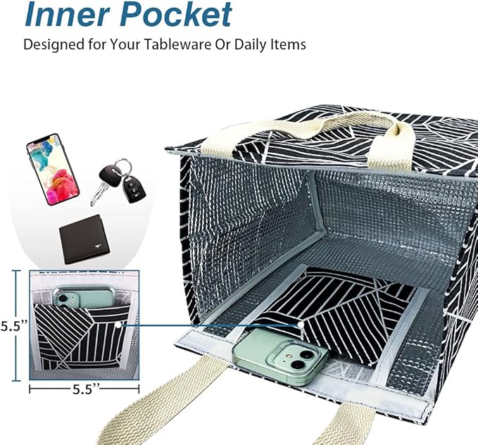 iknoe Insulated Lunch Bag for Women & Adults, 9L Foldable Wide-Open Cooler Bag with Pockets, Leakproof & Portable, for Picnic, Office, Beach, Black Rhombus