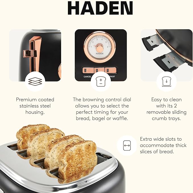 Haden Dorset 4 Slice Wide Slot Stainless Steel Toaster with Adjustable Browning Control & Non-Slip Feet, Black & Copper