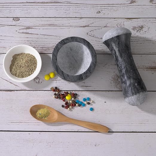 Tianman Small Mortar and Pestle Set 3.2 Inch.1/3 Cup.Mini Marble Grinder with Brush for Pills Herbs Spices,Easy to Grip.Efficient Grinding.Universal Dual Head Grinding Pestle.(Marble Black)