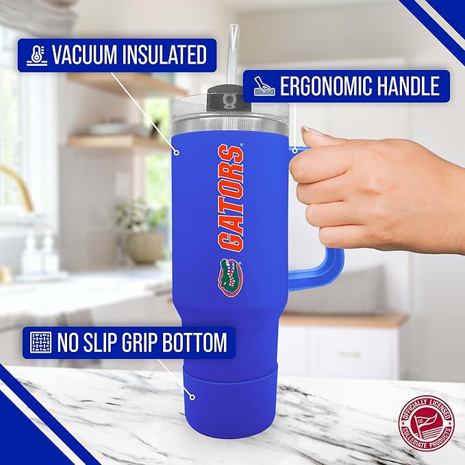 Campus Colors College & University 40 oz Travel Tumbler With Handle - Dual Option Lid With Straw - Vacuum Insulated Stainless Steel (Florida Gators - Royal)