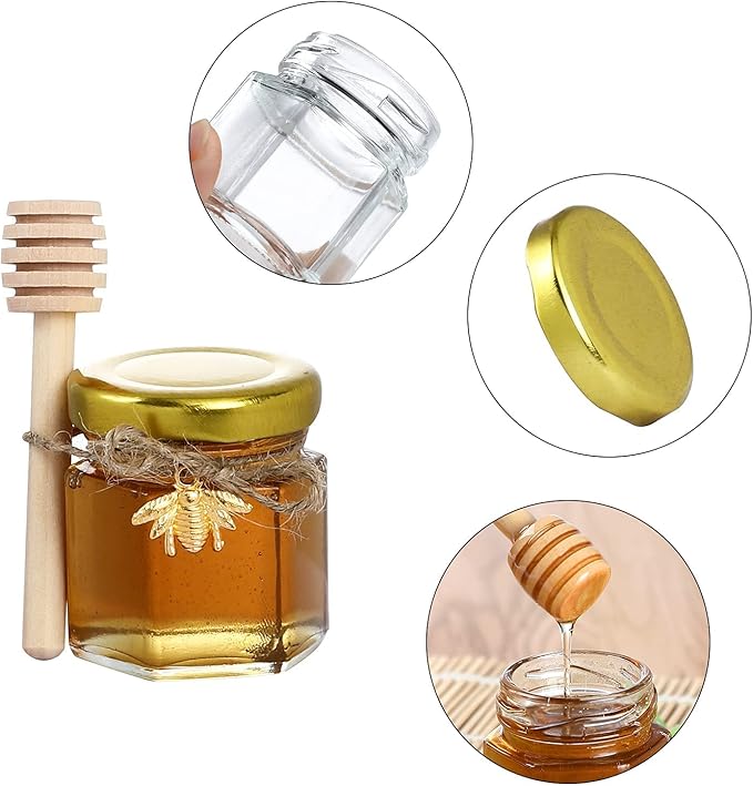 XING-RUIYANG 1.5 oz Hexagon Mini Glass Honey Jars -30Pack Honey Jars with Wood Dipper, Gold Lid, Bee Pendants, Jutes - Perfect for Baby Shower, Wedding Favors, Party Favors