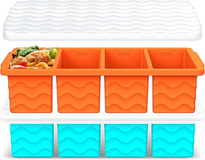 Doasuwish Silicone Freezer Tray for Soup with Lid – 1-Cup Soup Container Cube Style Ice Cube Trays for Freezer, Meal Prep & Food Storage, Freeze 250mL/125mL Portions – 2 Pack