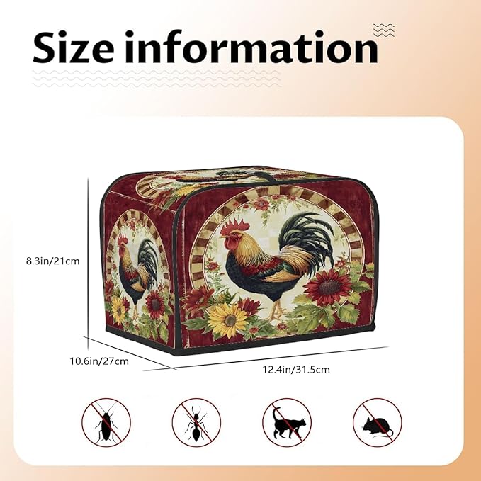 Rooster Red Animal Toaster Cover 4 Slice Dust and Fingerprint Protection Toaster Bread Maker Covers Washable Kitchen Small Appliance Covers for Kitchen Accessories Decor Bakeware Women Gift