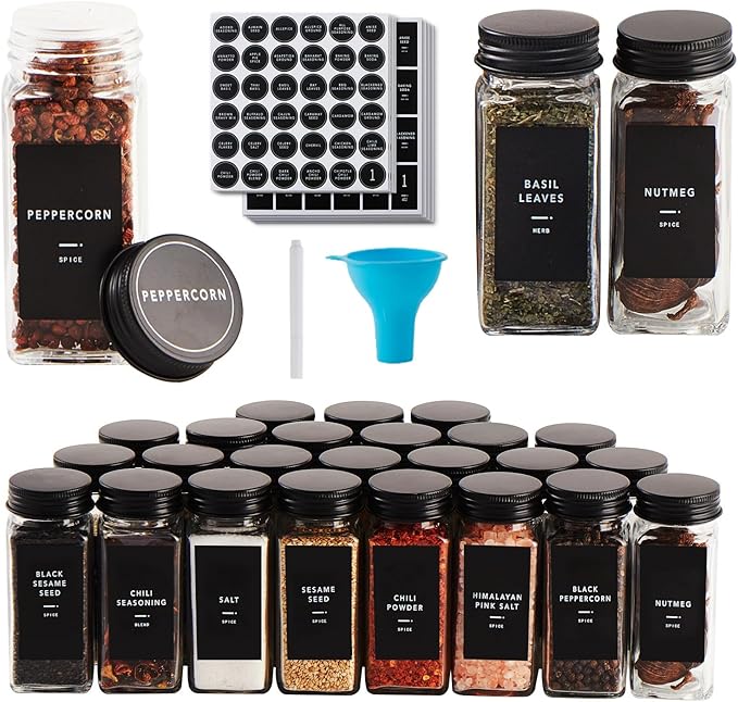Skiileor 48 Pcs Spice Jars with Label- Glass Spice Jars with Black Metal Caps,Shaker Lids, Funnel, Chalk Pen 4oz Seasoning Containers Bottles for Spice Rack, Cabinet, Drawer