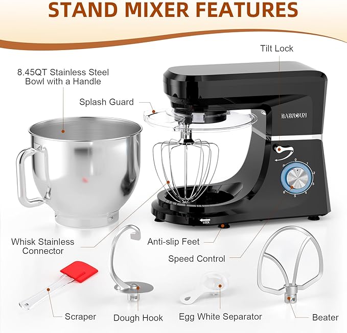 Dough Mixer 8.45 QT Electric Mixer - 660W 6 Speed Large Capacity Kitchen Stand Mixer with Whisk Dough Hook Mixing Beater Household Food Mixer for Baking Cakes Cookie Bread Salad
