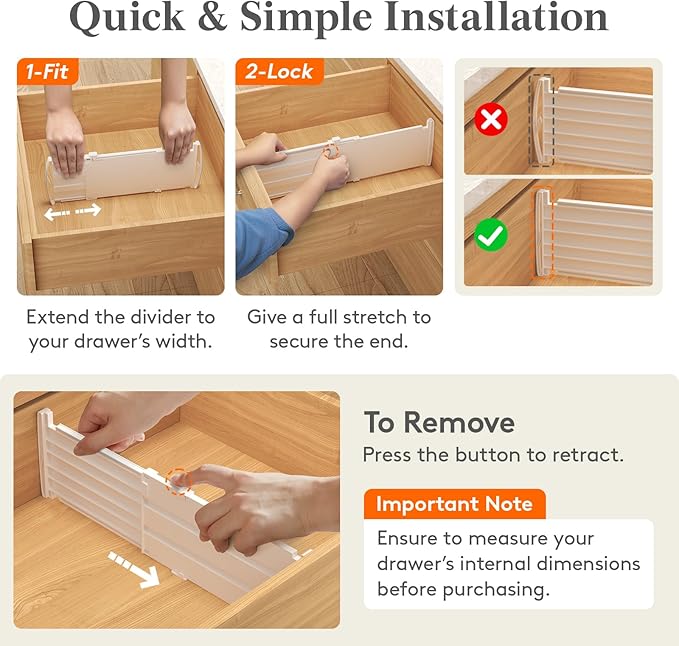Lifewit 5" Tall 5 Pack Drawer Dividers, 30-47cm/11.5-18.5" Expandable Drawer Divider for Clothes, Adjustable Dresser Drawer Organizers, Drawers Separators for Dresser/Bathroom/Closet/Kitchen White