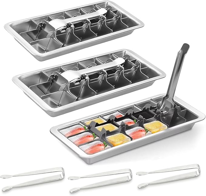 3 Pack 18-Slot Ice Cube Trays Stainless Steel - Professional Heavy Duty Metal Icecube Mold, Non-Toxic Freezer Tray with Lever Release, Bar & Kitchen Use, Send Goods from Local Warehouse