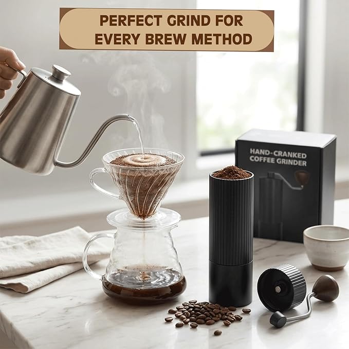 Manual Coffee Grinder with 420 Stainless Steel Burr, Adjustable Settings for Espresso & Turkish Coffee, Portable Hand Crank Coffee Grinder, 45g Capacity, Aluminum Body with Walnut Handle for Multi Use