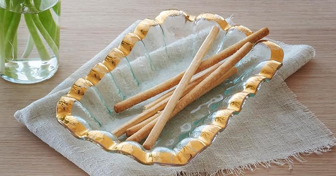 Annieglass Ruffle 11.25 x 7 Inch Rectangular Bowl with 24k Gold, Timeless Glass Tableware for all Occasions, Made in the USA