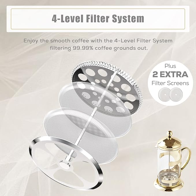 DUJUST Gold French Press Coffee Maker, Luxury Design French Coffee Press with 4-Level Filter System, High-Grade Glass for Hot & Cold Resistance, Include Long Size 304 Stainless Steel Spoon - 34oz