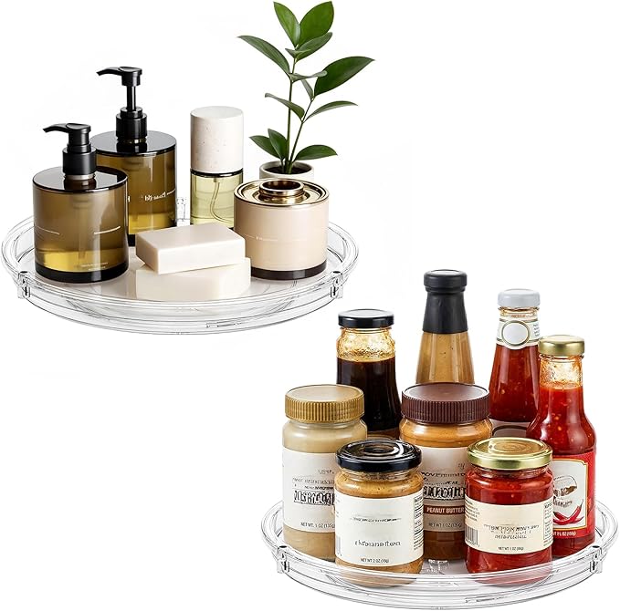 LAMU 10'' Wood Lazy Susan Turntable and 2 Pack Clear Lazy Susan Organizer