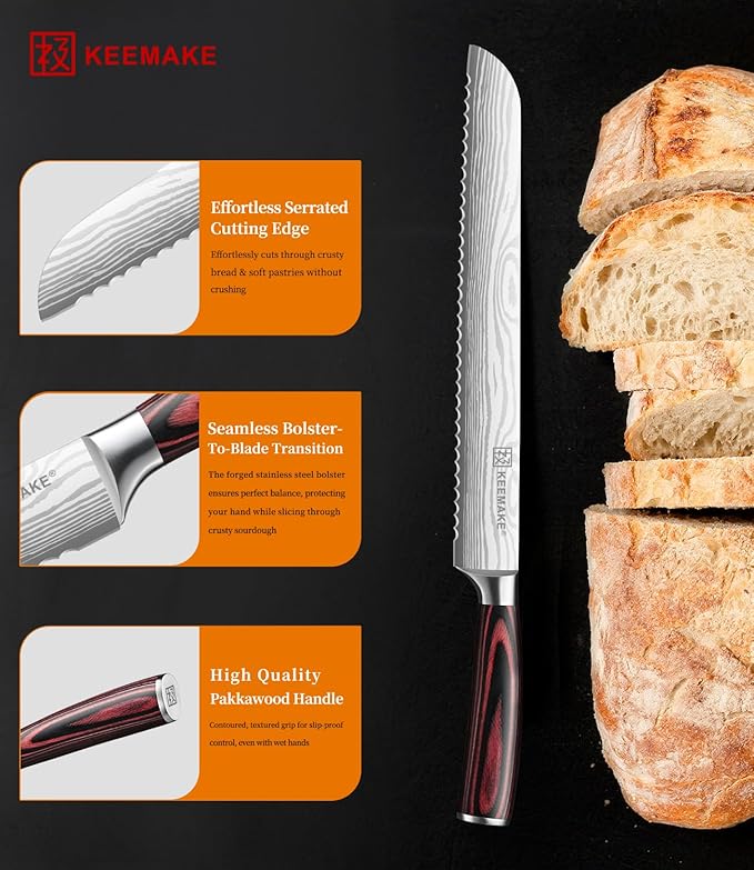 KEEMAKE 10 Inch Bread Knife for Homemade Bread - Ultra Sharp for Serrated Sourdough, Crusty Artisan Loaves, Bagels & Cake, High Carbon Stainless Steel Slicing Knife with Cover & Mom Gift Box