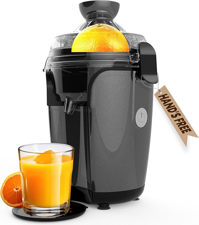 Eurolux Hands-Free Electric Citrus Juicer Machine, Orange Lime Grapefruit Lemon Squeezer, Easy to Clean, 2 Cone Sizes (Gray)