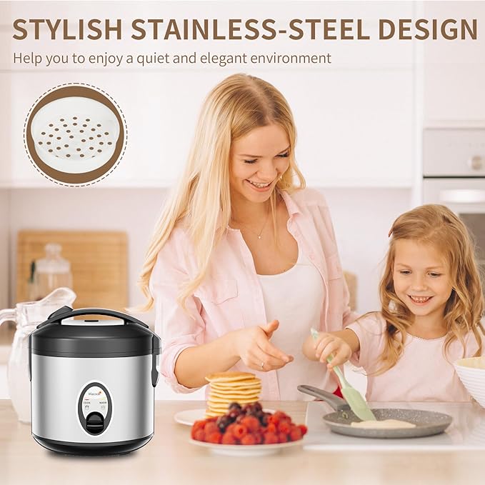 Macook Stainless Steel Rice Cooker with Steamer, 4-Cup Uncooked (1.0L)/8-Cup Cooked, Electric Grain & Vegetable Cooker, Auto Keep Warm for Oatmeal, Soups & Multicooking
