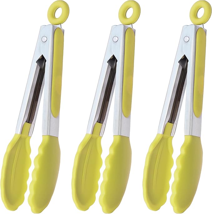 Small Appetizer Tongs 7-Inch Silicone Tipped Kitchen Tongs, Set of 3 (Yellow)