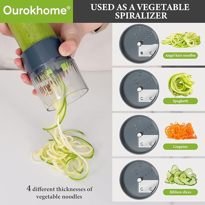 Ourokhome 10 in 1 Mandolin Slicer with Handheld Spiralizer, Multifunctional Vegetable Shredder Vegetable Chopper Onion Cutter with Container, Rotary Cheese Grater Hand Crank, Kitchen Shredder