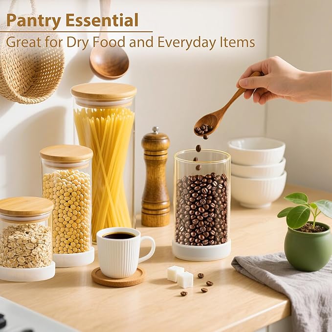 TBWIND Glass Storage Containers with Bamboo Lids – 7 Pack Airtight Clear Glass Jars in Mixed Sizes (17oz/25oz/34oz/53oz/73oz) for Pantry Organization, Kitchen Dry Food, Coffee, Flour, Pasta & Snacks