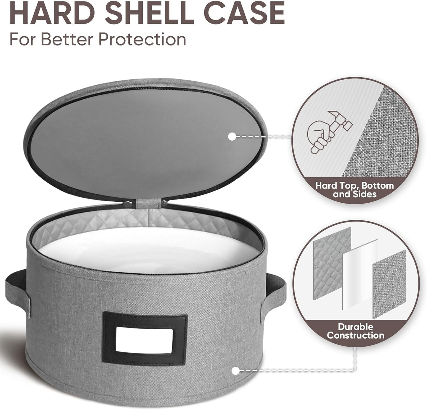 BALEINE China Storage Containers, Sturdy Quilted Wine Glass Storage, Plate Organizer with Carry Handles, Moving Boxes for Dishes, Cups, Mugs and Stemware (Plate, Hard Shell Grey)