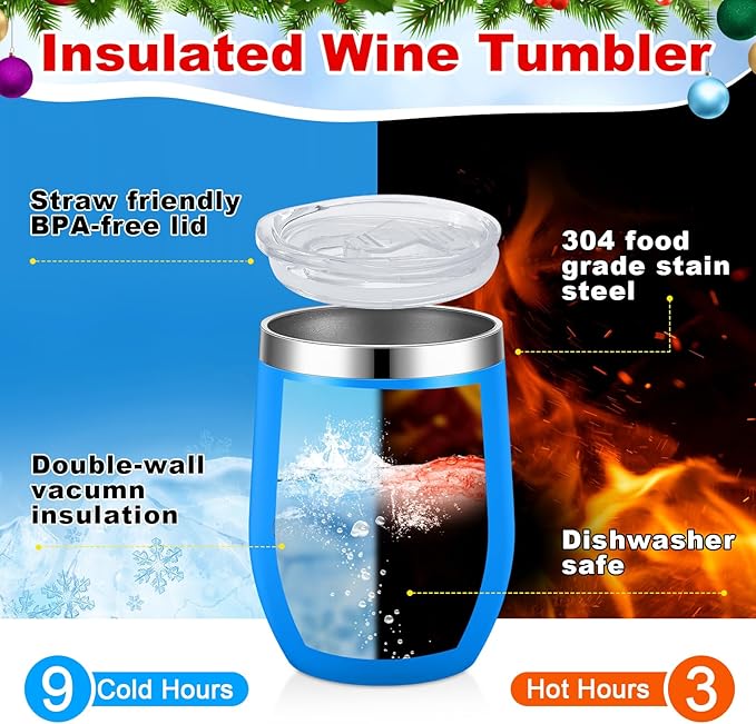 Sliner 16 Pcs Christmas Funny Wine Tumbler Spoon Set 12 Oz Stainless Steel Tumbler with Straw Brush Double Wall Insulated Travel Coffee Mug for Christmas Xmas Party Decorations Holiday Gift (Colorful)