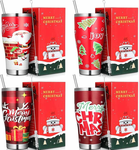 Mifoci 4 Pcs 30 oz Christmas Tumbler with Lid and Straw Stainless Steel Christmas Mug Double Insulated Cup Insulated Coffee Tumbler with Straw Brush for Holiday Coworkers Women Gifts(Style 1)