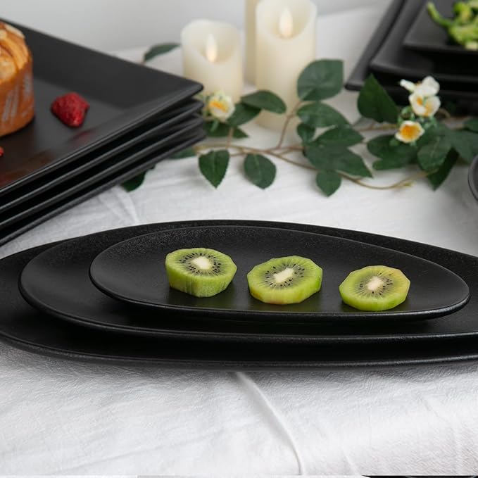 vicrays Large Oval Serving Platters, 16"/14"/10" Porcelain Serving Platters for Party, BBQ,Stackable Serving Trays Serving Plates for Appetizers, Sushi, Restaurant, Set of 3 (Black)`