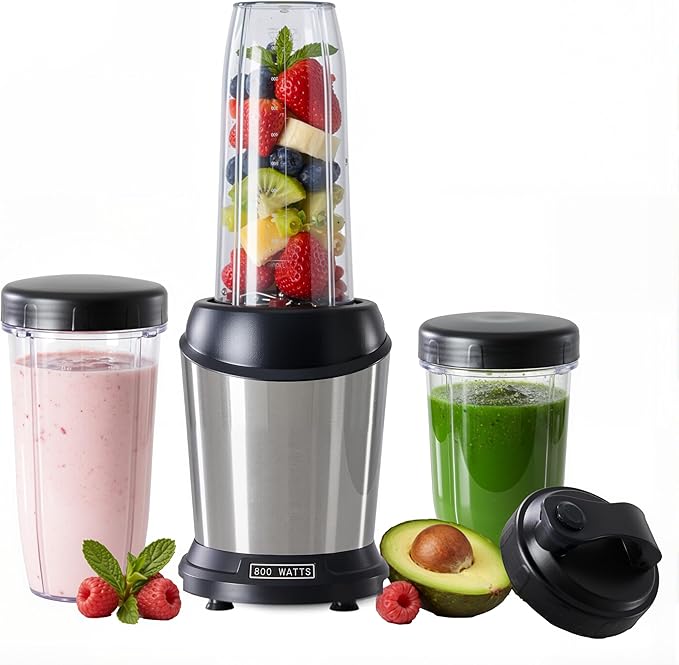 Simple Deluxe Personal Smoothie Blender, 800W Blenders for Shakes and Smoothies with 3 BPA-Free Portable Cups Countertop Blenders for Ice Crushing, Frozen Drinks, Milkshake, Juice, Silver