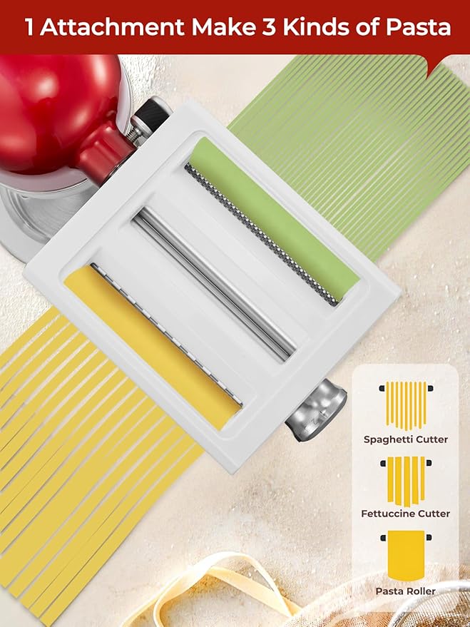 3-IN-1 Pasta Maker Attachment for KitchenAid Stand Mixer, Pasta Maker Accessories with Pasta Roller, Fettuccine Cutter, Spaghetti Cutter and Cleaning Brush, Homemade Fresh Noodles and Italian Cuisine