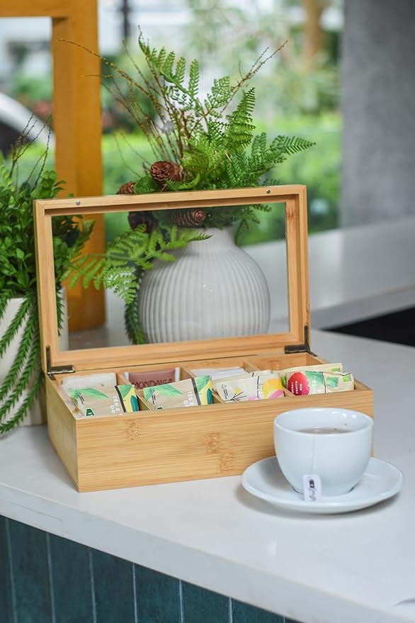 Acacia Wood and Bamboo Tea Bag Organizer - 4 & 8 Compartment Tea Box for Countertop - Tea Station & Coffee Bar Accessories - Fits Large & Craft Tea Bags (Bamboo, 8 Compartment)