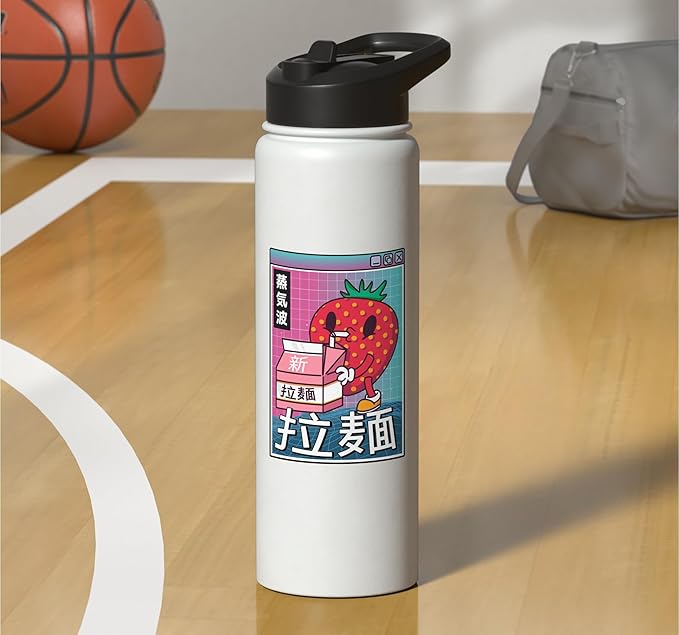 Strawberry Milk Carton Kawaii Grid Vaporwave Aesthetic Anime Stainless Steel Insulated Water Bottle