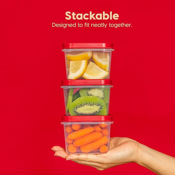 IRIS USA 44 PC Plastic Food Storage Containers With Lids | 22 Meal Prep Containers & 22 Lids| Leftovers Office Lunch Snack Fruit, Microwave Dishwasher Freezer Safe, BPA Free, Clear/Red