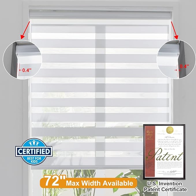 Persilux Cordless Zebra Blinds for Windows Shades (35.5" W x 72" H, White) Dual Layer Fabric Light Control for Day and Night Room Darkening Sheer Roller Shades for Home, Bedroom and Office