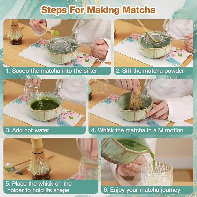 Matcha Whisk Set, Matcha Set with Bowl & Chasen & Chasen Holder, 8 Pcs Macha Kit Gift for Macha Lovers, Family, Friend（Green）