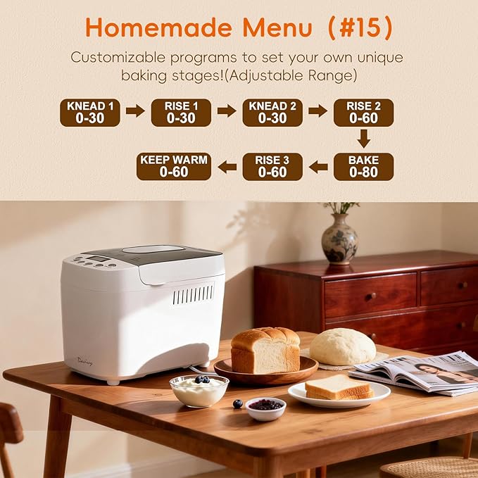 Davivy Bread Maker Machine with 2 Dough Kneading Paddles,15-in-1 Automatic Large Capacity Bread Machine Nonstick Bowl For Bread, Jam& Yogurt, 3 Loaf Sizes and 3 Crust Settings