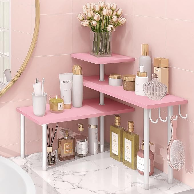 Homode 3-Tier Counter Organizer Shelf for Bathroom, Corner Shelf for Countertop, Over Sink, Make Up, Dresser Table, Desktop - Pink