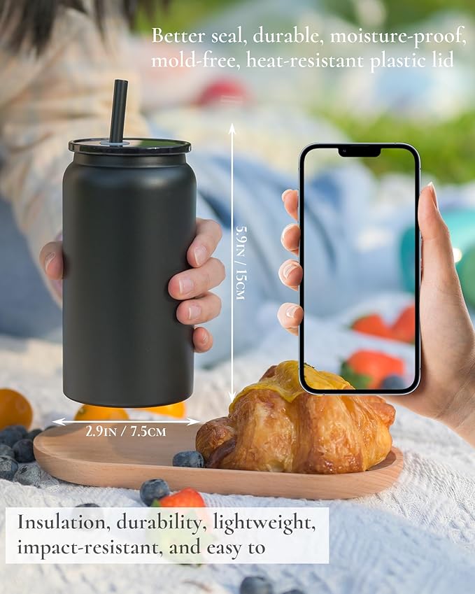 Glass Cups With Lids and Straws, 16oz Stainless Steel Beer and Iced Coffee Cup, Smoothie Drinking Glass, Black (Textured Matte Finish, Not Sublimatable)